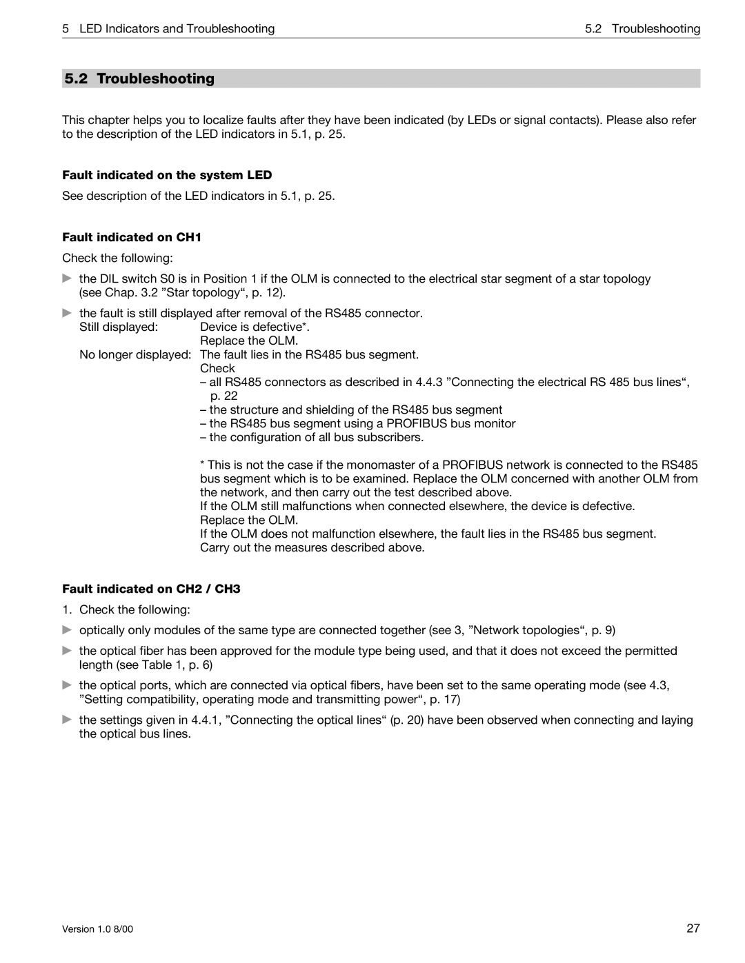 Siemens SIMATIC NET PROFIBUS manual Troubleshooting, Fault indicated on the system LED, Fault indicated on CH1 