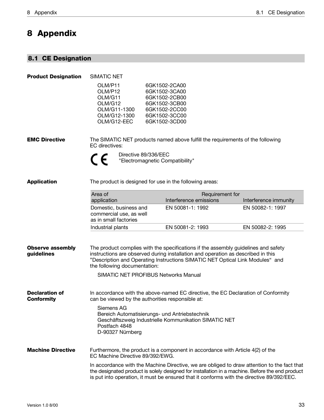 Siemens SIMATIC NET PROFIBUS manual CE Designation 