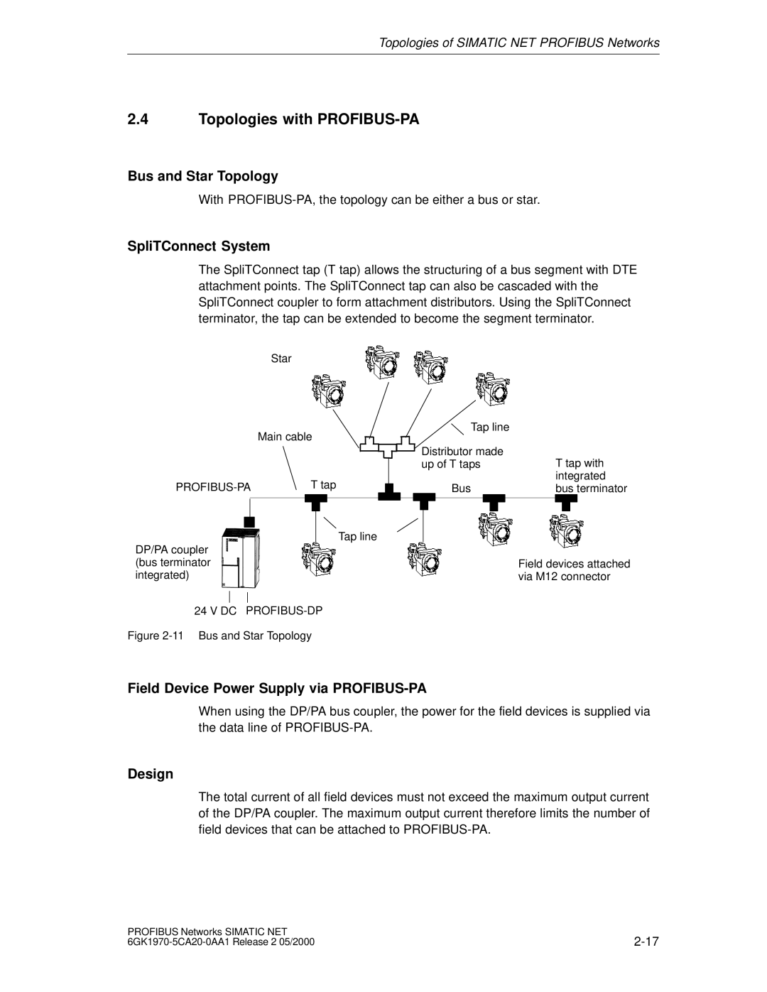 Siemens SIMATIC NET PROFIBUS manual Topologies with PROFIBUS-PA, Bus and Star Topology, SpliTConnect System, Design 