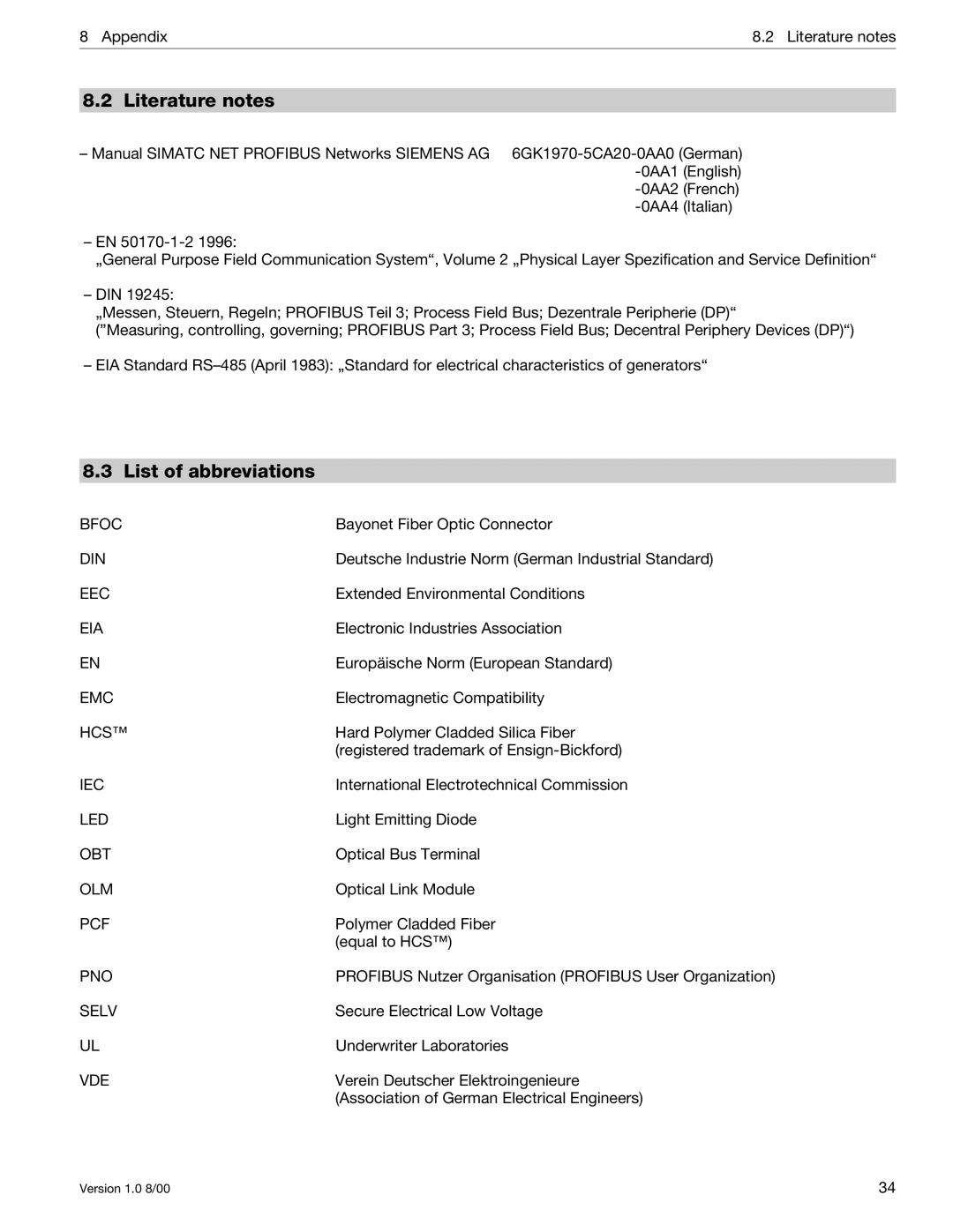 Siemens SIMATIC NET PROFIBUS manual Literature notes, List of abbreviations 