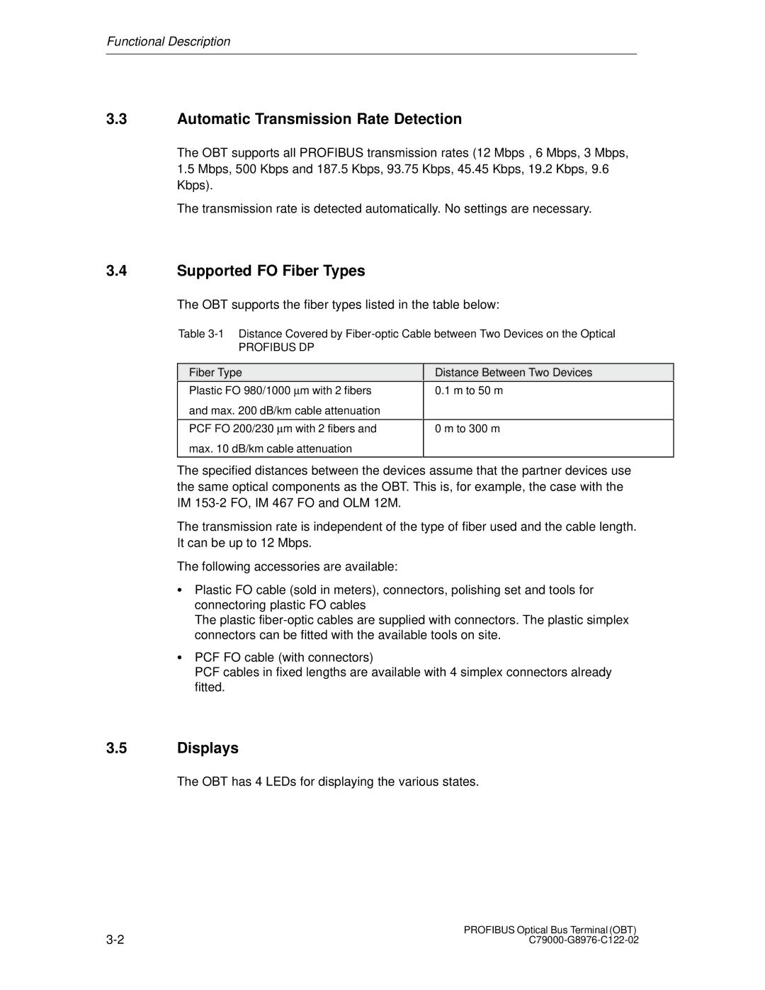 Siemens SIMATIC NET PROFIBUS manual Automatic Transmission Rate Detection, Supported FO Fiber Types, Displays 