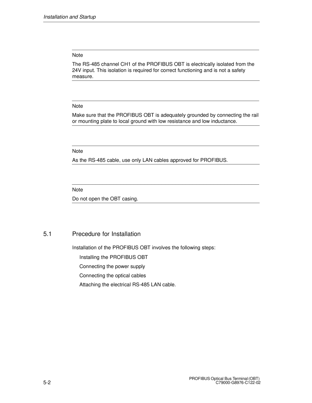 Siemens SIMATIC NET PROFIBUS manual Precedure for Installation, Installation and Startup 