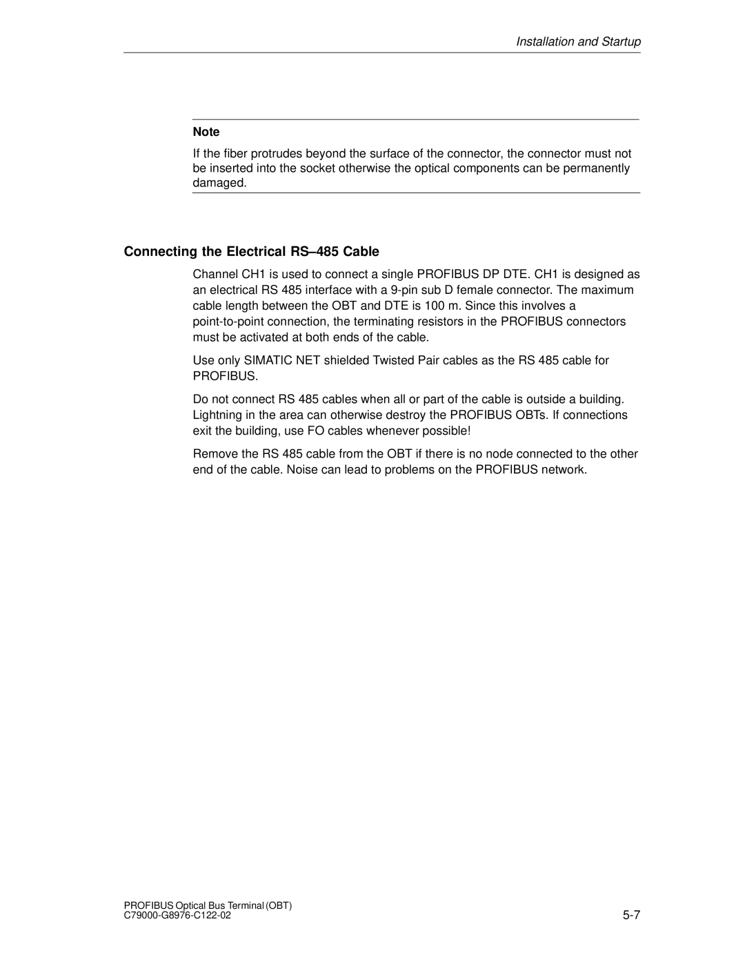 Siemens SIMATIC NET PROFIBUS manual Connecting the Electrical RS-485 Cable 