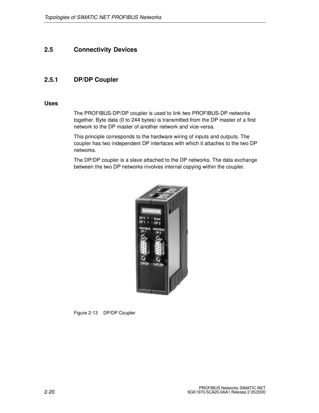 Siemens SIMATIC NET PROFIBUS manual Connectivity Devices 1 DP/DP Coupler, Uses 