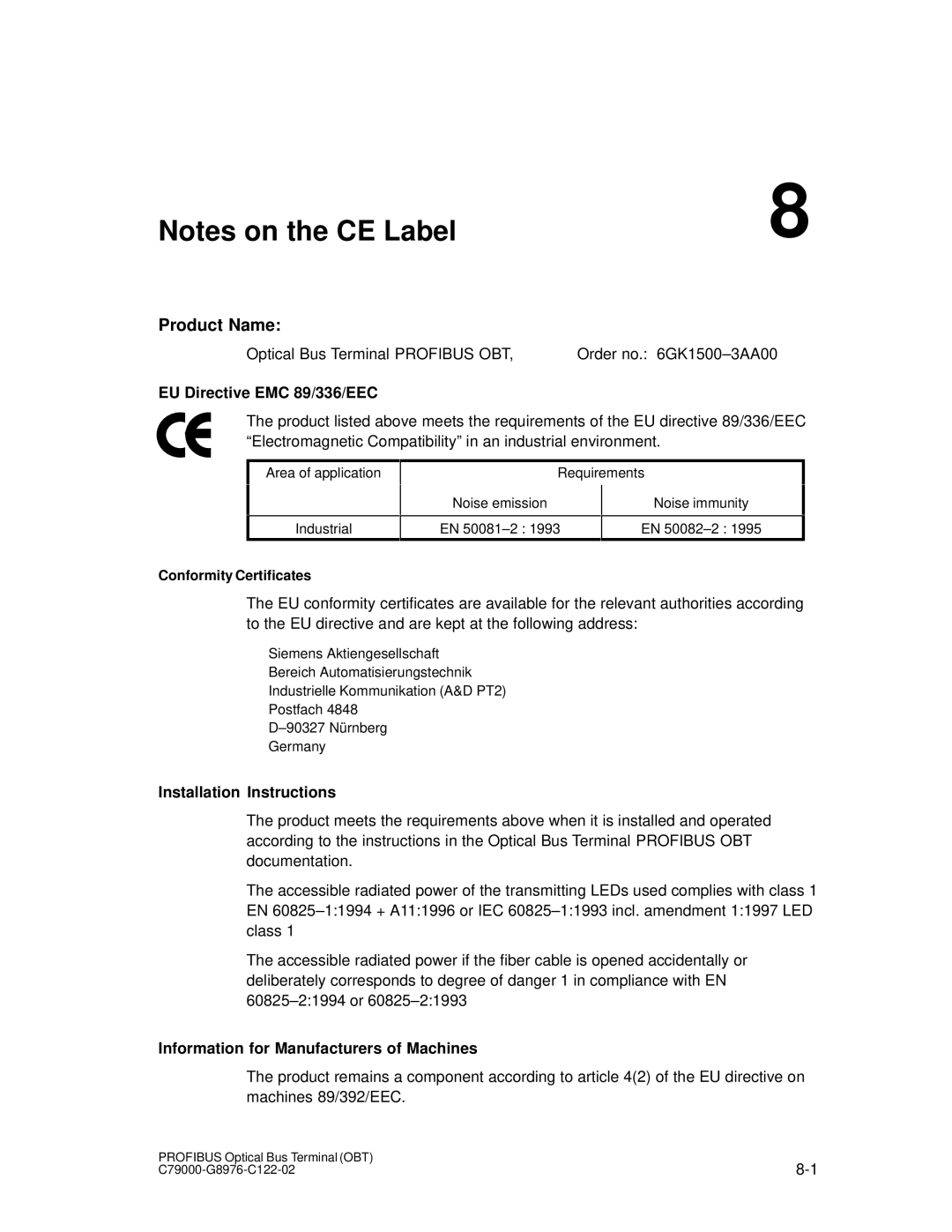 Siemens SIMATIC NET PROFIBUS Product Name, EU Directive EMC 89/336/EEC, Installation Instructions, Conformity Certificates 