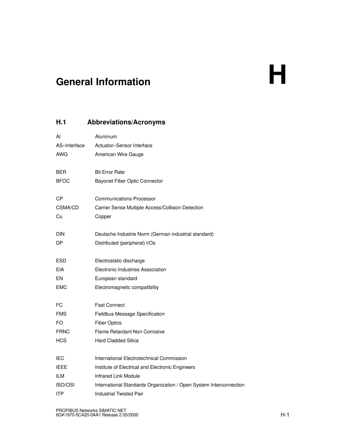 Siemens SIMATIC NET PROFIBUS manual General Information, Abbreviations/Acronyms 