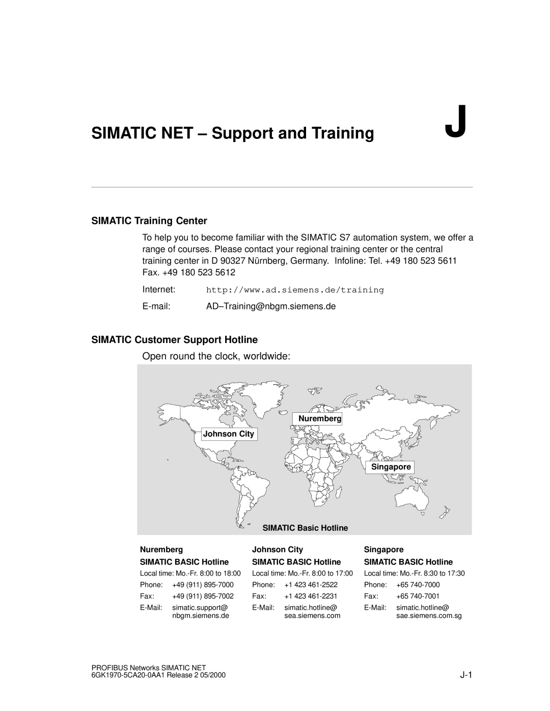 Siemens SIMATIC NET PROFIBUS Simatic NET Support and Training, Simatic Training Center, Simatic Customer Support Hotline 