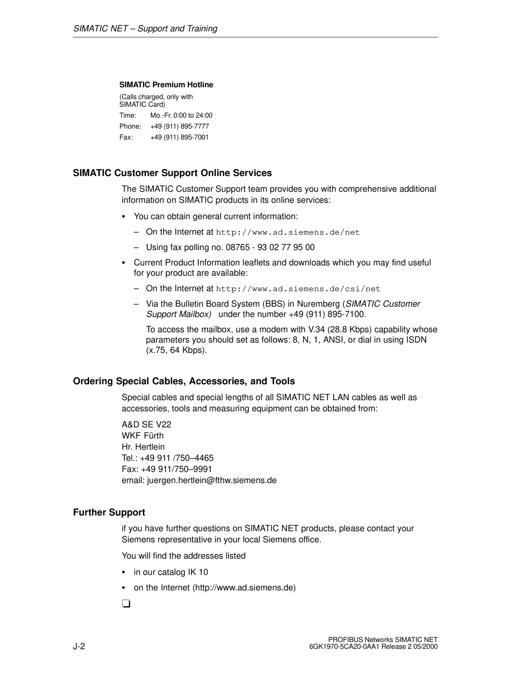 Siemens SIMATIC NET PROFIBUS Simatic Customer Support Online Services, Ordering Special Cables, Accessories, and Tools 