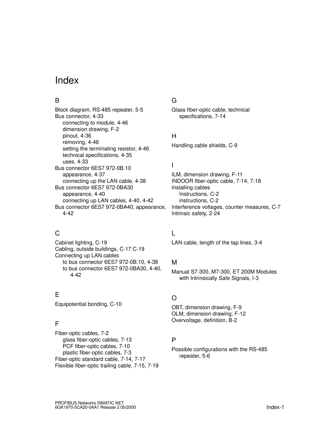 Siemens SIMATIC NET PROFIBUS manual Index 