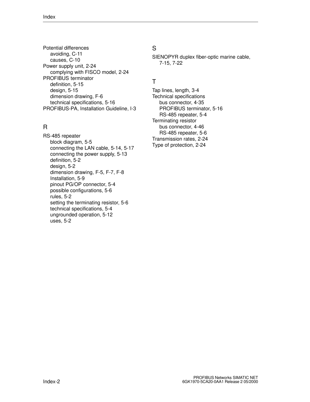 Siemens SIMATIC NET PROFIBUS manual Index 