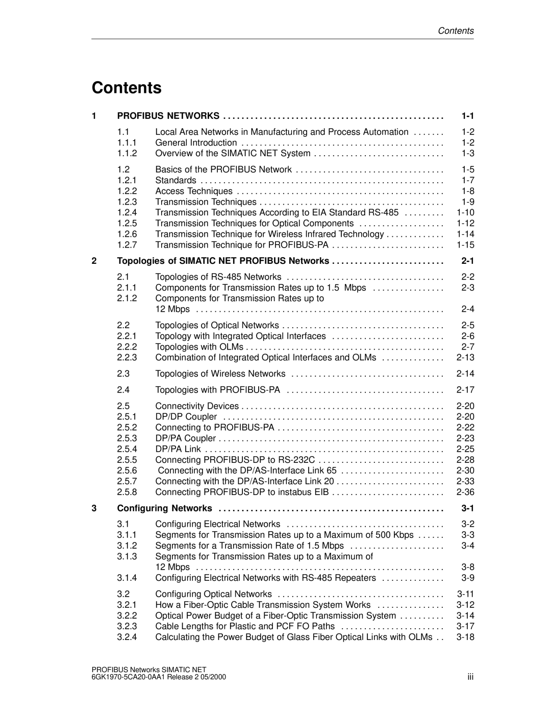 Siemens SIMATIC NET PROFIBUS manual Contents 