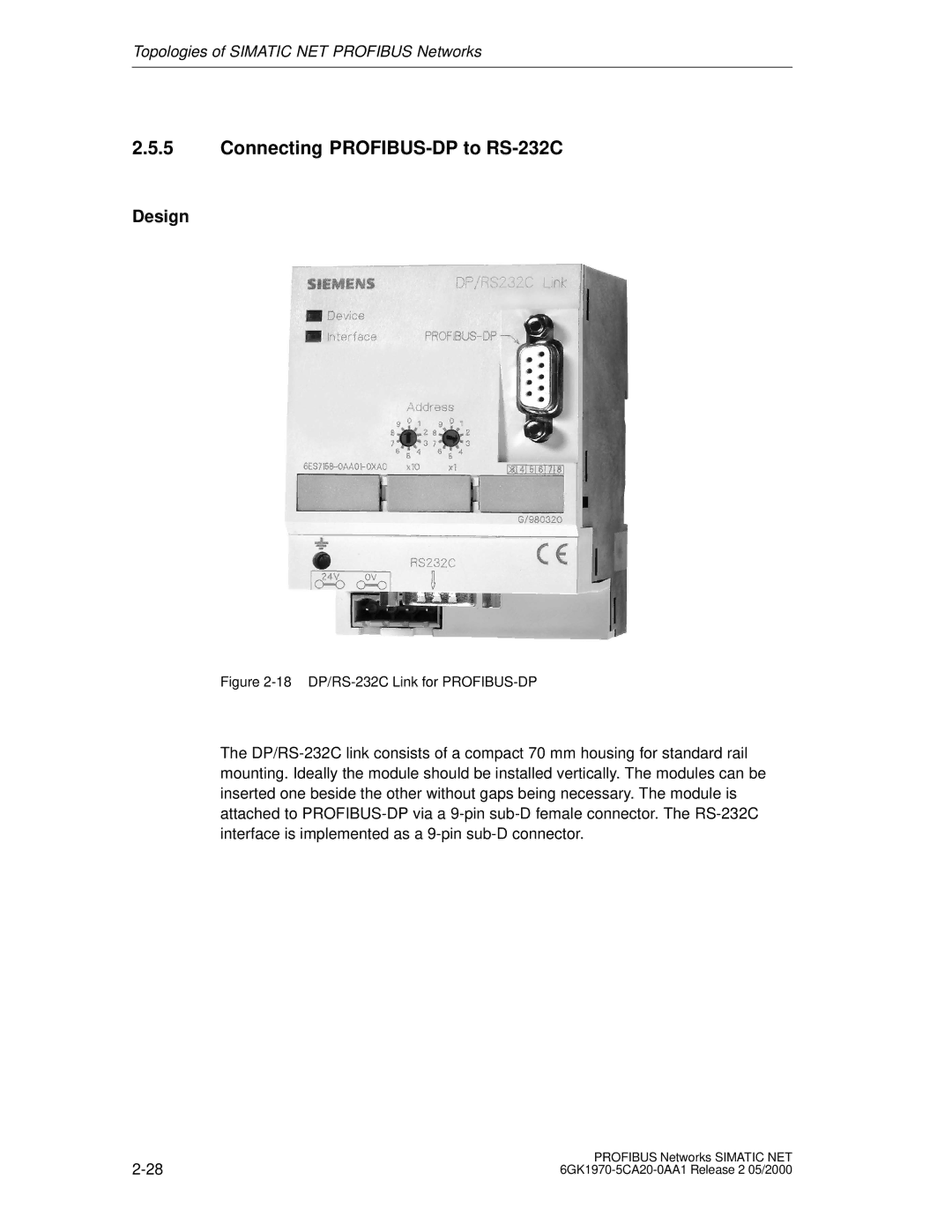 Siemens SIMATIC NET PROFIBUS manual Connecting PROFIBUS-DP to RS-232C, 18 DP/RS-232C Link for PROFIBUS-DP 