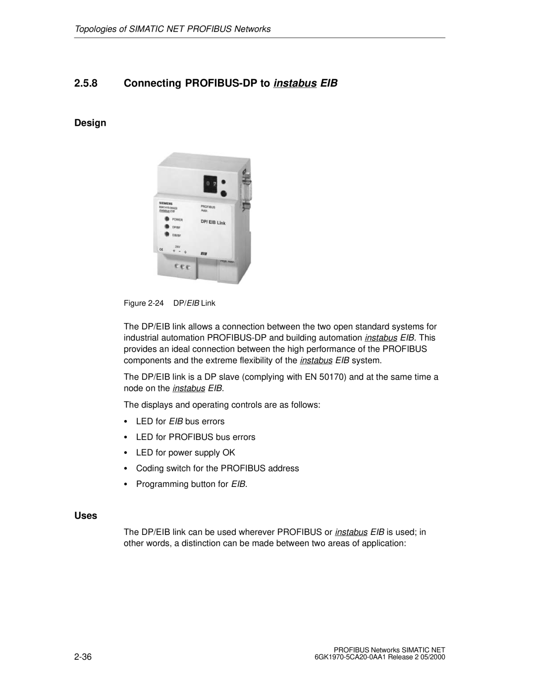 Siemens SIMATIC NET PROFIBUS manual Connecting PROFIBUS-DP to instabus EIB, 24 DP/EIB Link 