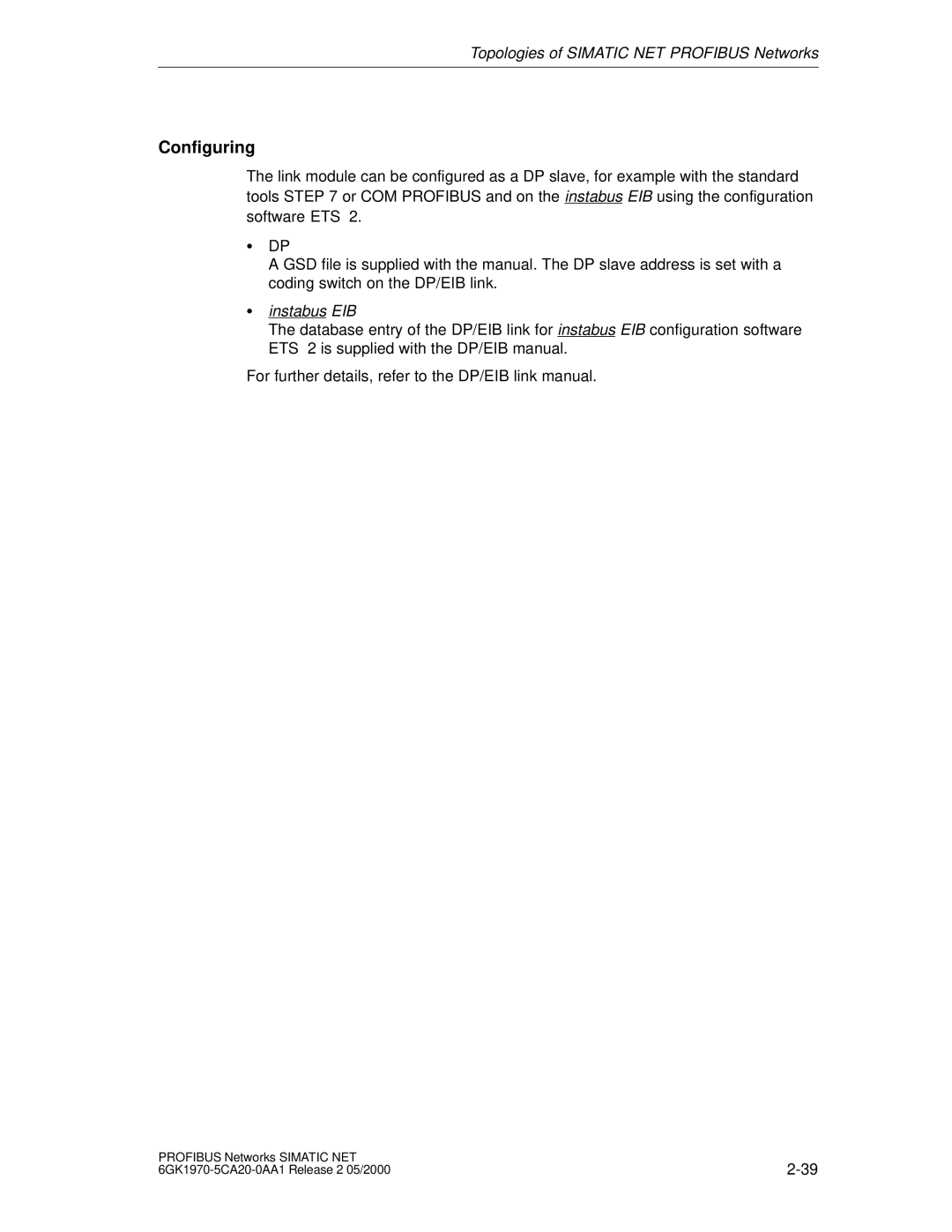 Siemens SIMATIC NET PROFIBUS manual Configuring, Instabus EIB 