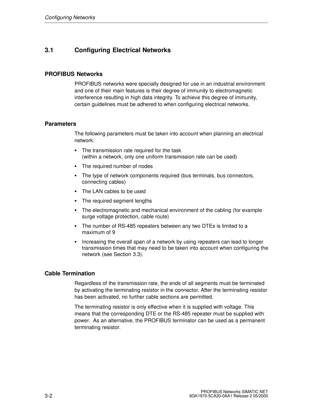 Siemens SIMATIC NET PROFIBUS manual Configuring Electrical Networks, Profibus Networks, Parameters 