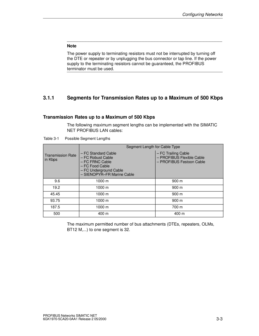 Siemens SIMATIC NET PROFIBUS manual Segments for Transmission Rates up to a Maximum of 500 Kbps 