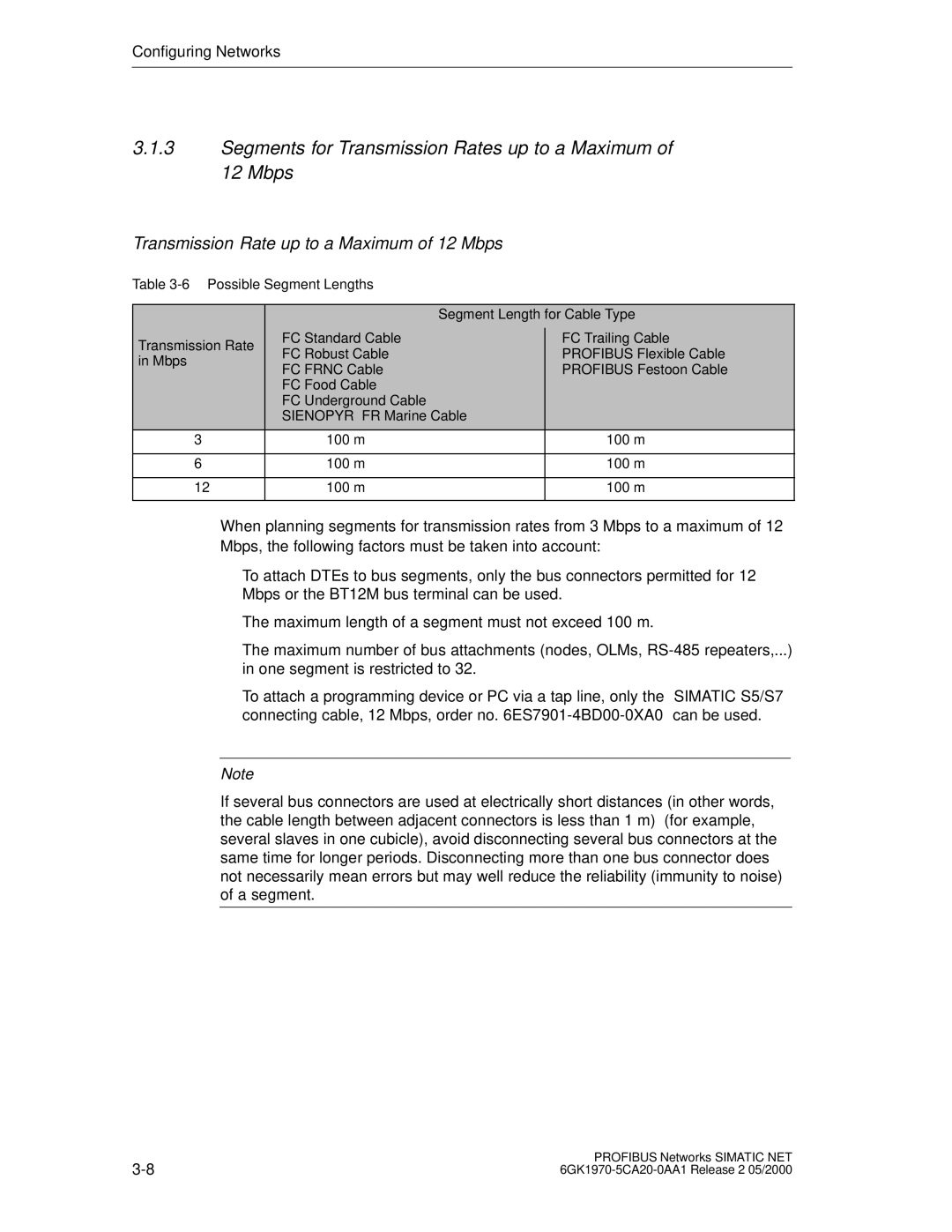 Siemens SIMATIC NET PROFIBUS manual Segments for Transmission Rates up to a Maximum of 12 Mbps 