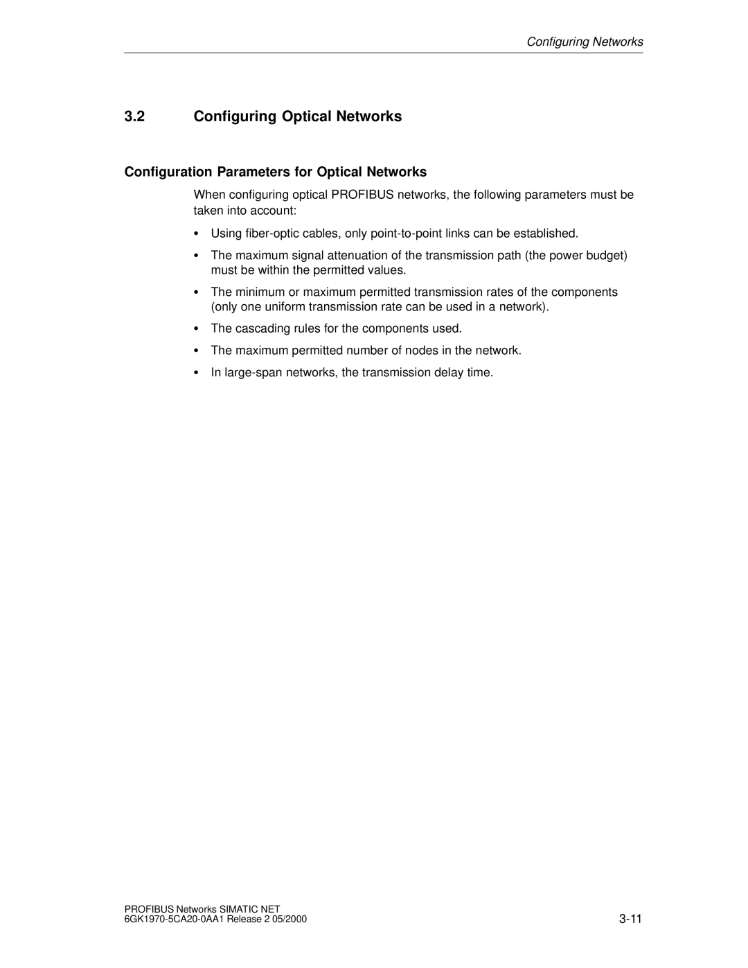 Siemens SIMATIC NET PROFIBUS manual Configuring Optical Networks, Configuration Parameters for Optical Networks 