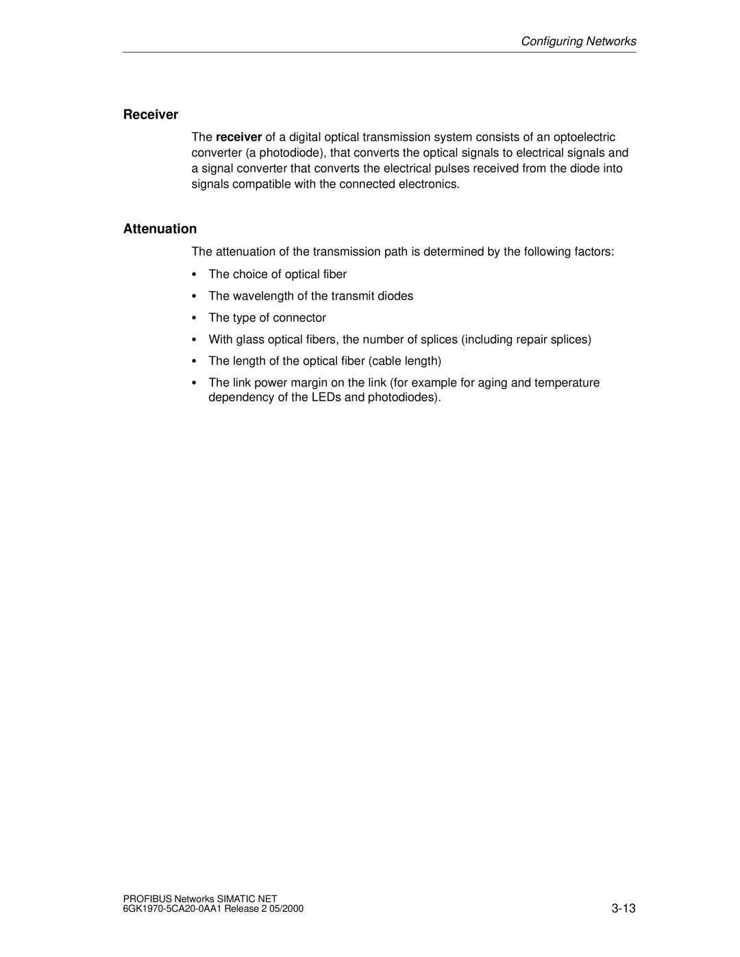 Siemens SIMATIC NET PROFIBUS manual Receiver, Attenuation 