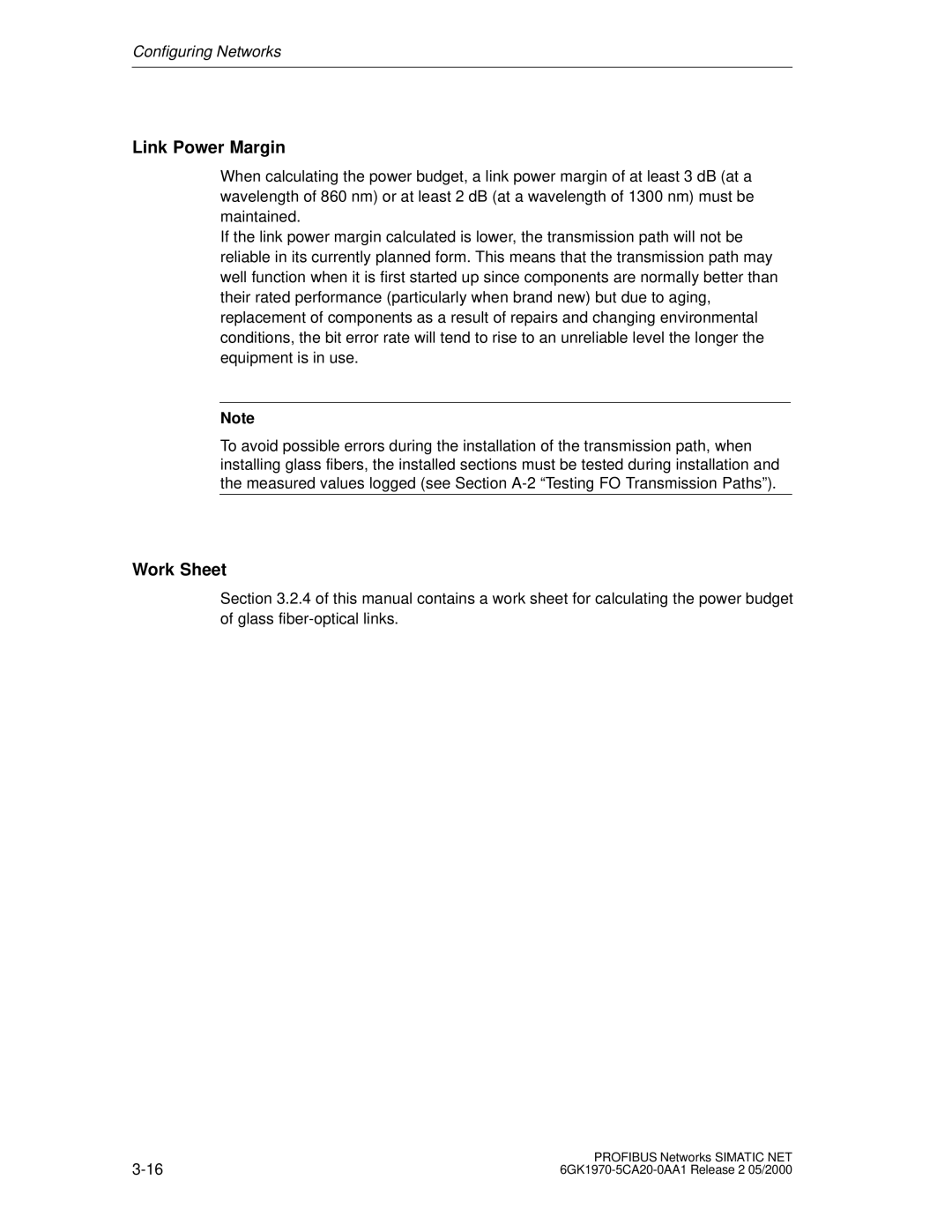 Siemens SIMATIC NET PROFIBUS manual Link Power Margin, Work Sheet 