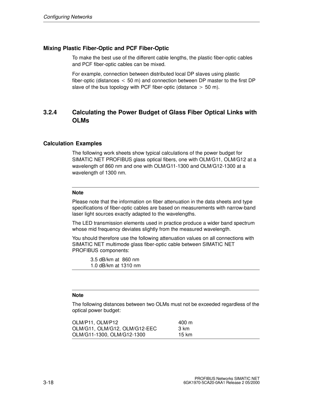 Siemens SIMATIC NET PROFIBUS manual Mixing Plastic Fiber-Optic and PCF Fiber-Optic, Calculation Examples 