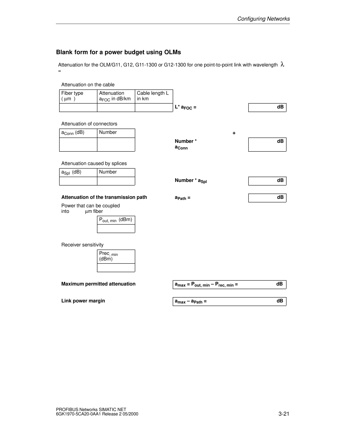 Siemens SIMATIC NET PROFIBUS manual Blank form for a power budget using OLMs 