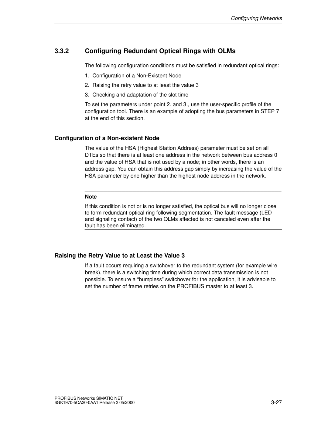 Siemens SIMATIC NET PROFIBUS manual Configuring Redundant Optical Rings with OLMs, Configuration of a Non-existent Node 