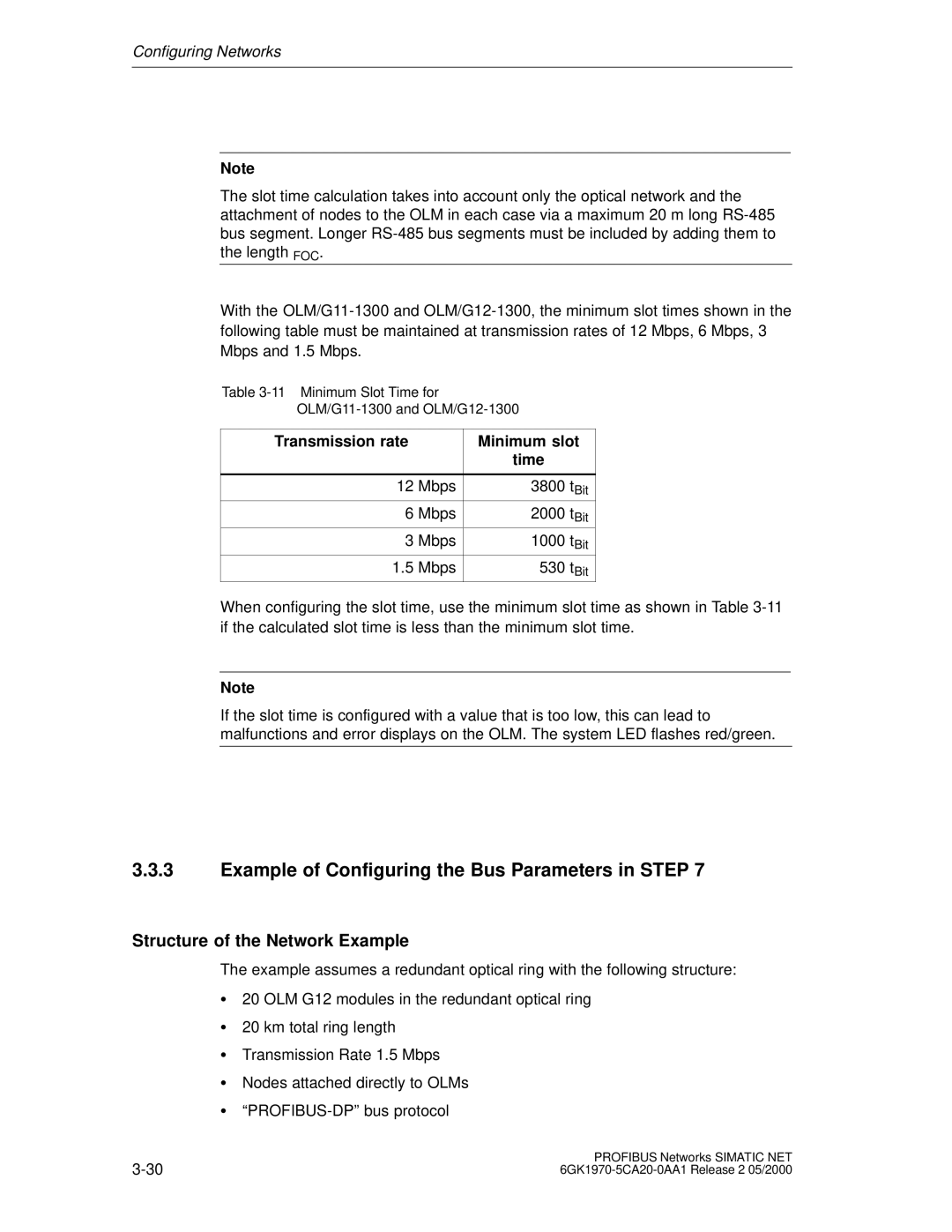 Siemens SIMATIC NET PROFIBUS manual Example of Configuring the Bus Parameters in Step, Structure of the Network Example 