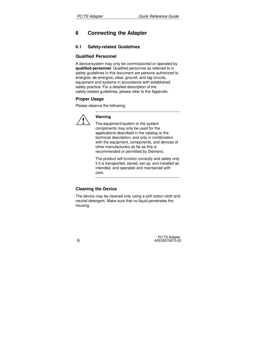 Siemens SIMATIC PC Adapter TS Adapter Connecting the Adapter, Safety-related Guidelines Qualified Personnel, Proper Usage 