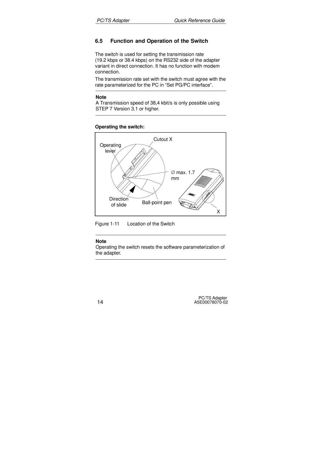 Siemens SIMATIC PC Adapter TS Adapter manual Function and Operation of the Switch, Operating the switch 