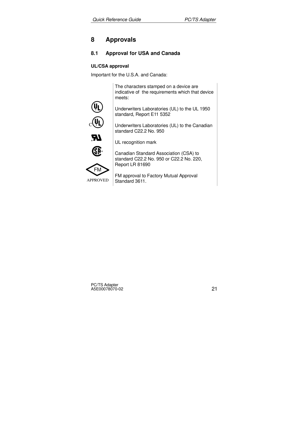 Siemens SIMATIC PC Adapter TS Adapter manual Approvals, Approval for USA and Canada, UL/CSA approval 