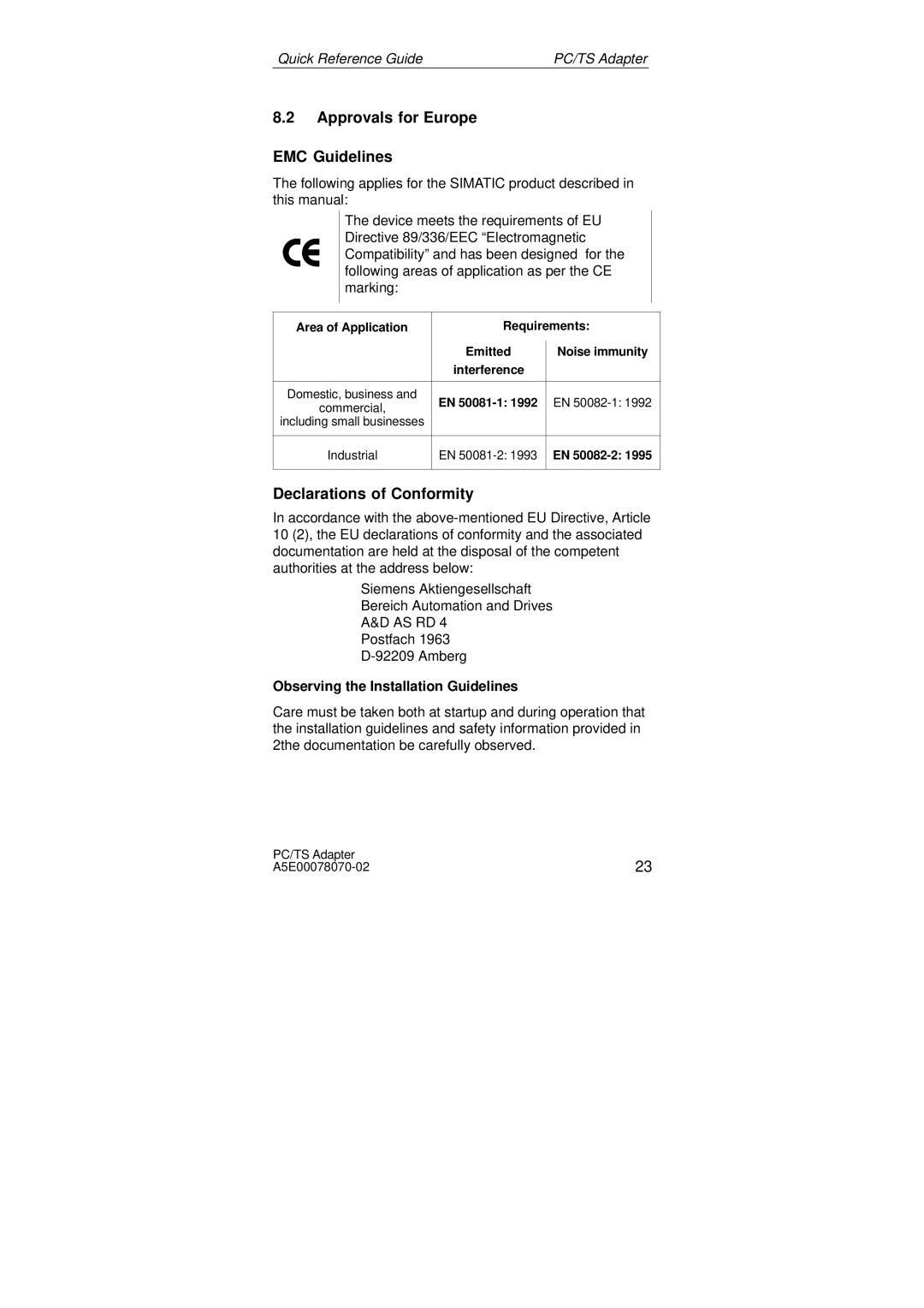 Siemens SIMATIC PC Adapter TS Adapter manual Approvals for Europe EMC Guidelines, Declarations of Conformity, EN 50081-1 