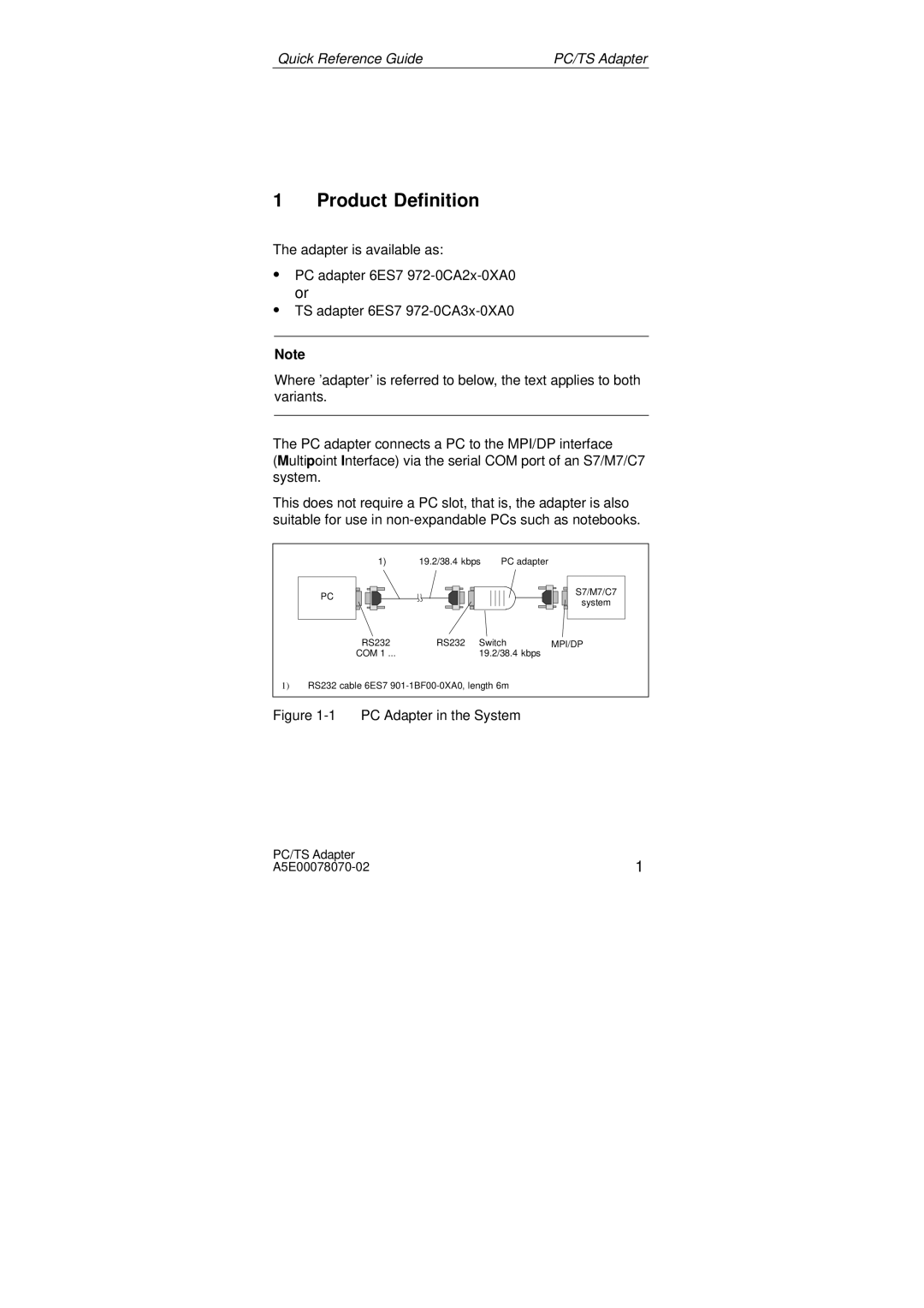 Siemens SIMATIC PC Adapter TS Adapter manual Product Definition, PC Adapter in the System 