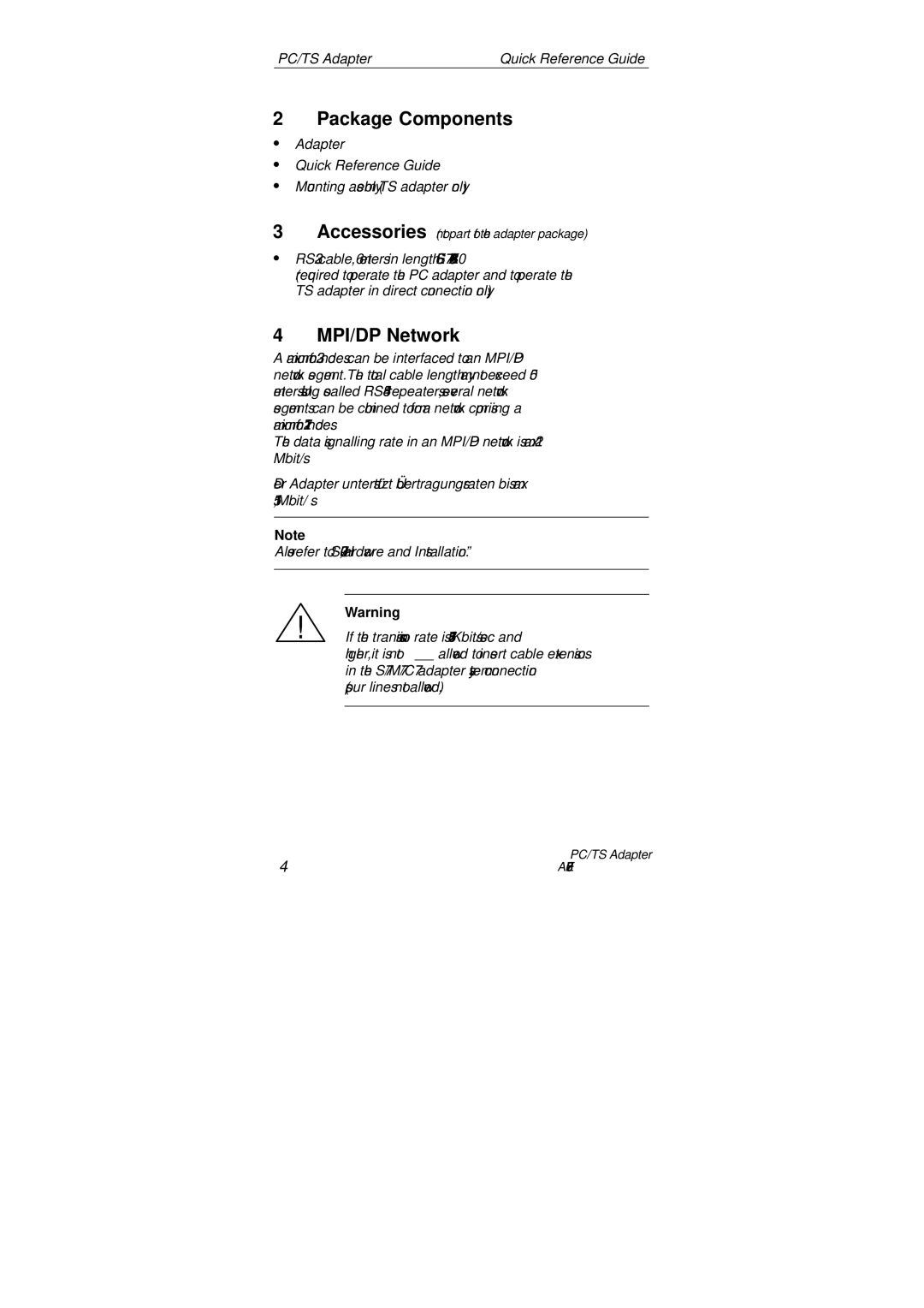 Siemens SIMATIC PC Adapter TS Adapter manual Package Components, MPI/DP Network 