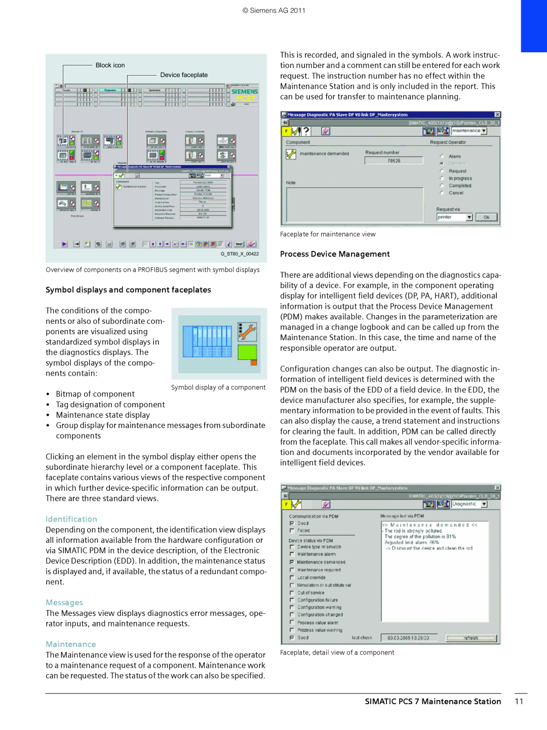 Siemens SIMATIC PCS 7 brochure Symbol displays and component faceplates, Identification, Messages, Maintenance 