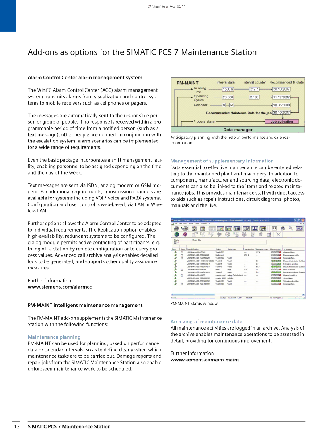 Siemens SIMATIC PCS 7 brochure Alarm Control Center alarm management system, PM-MAINT intelligent maintenance management 