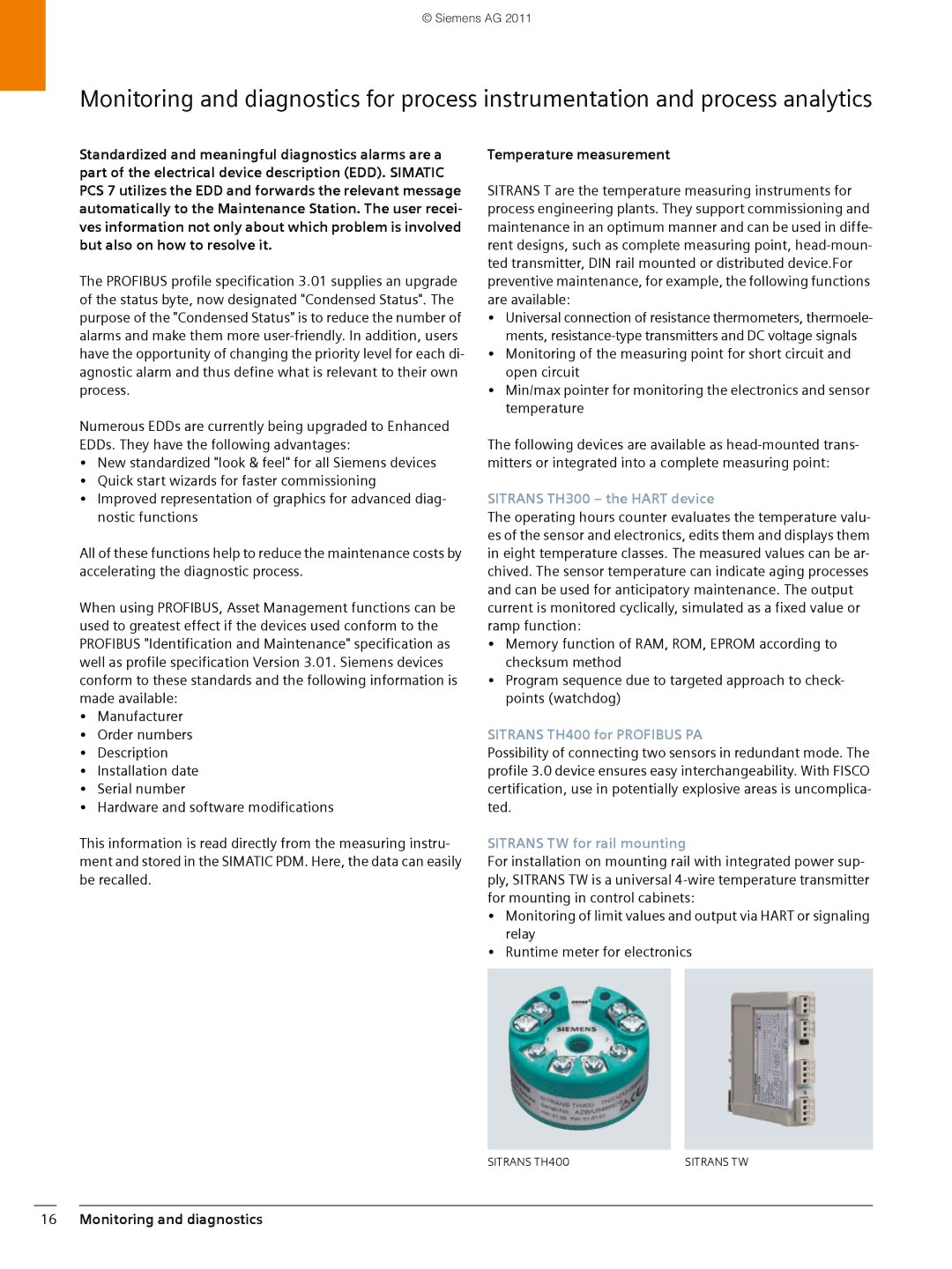 Siemens SIMATIC PCS 7 brochure Temperature measurement, Sitrans TH300 the Hart device, Sitrans TH400 for Profibus PA 