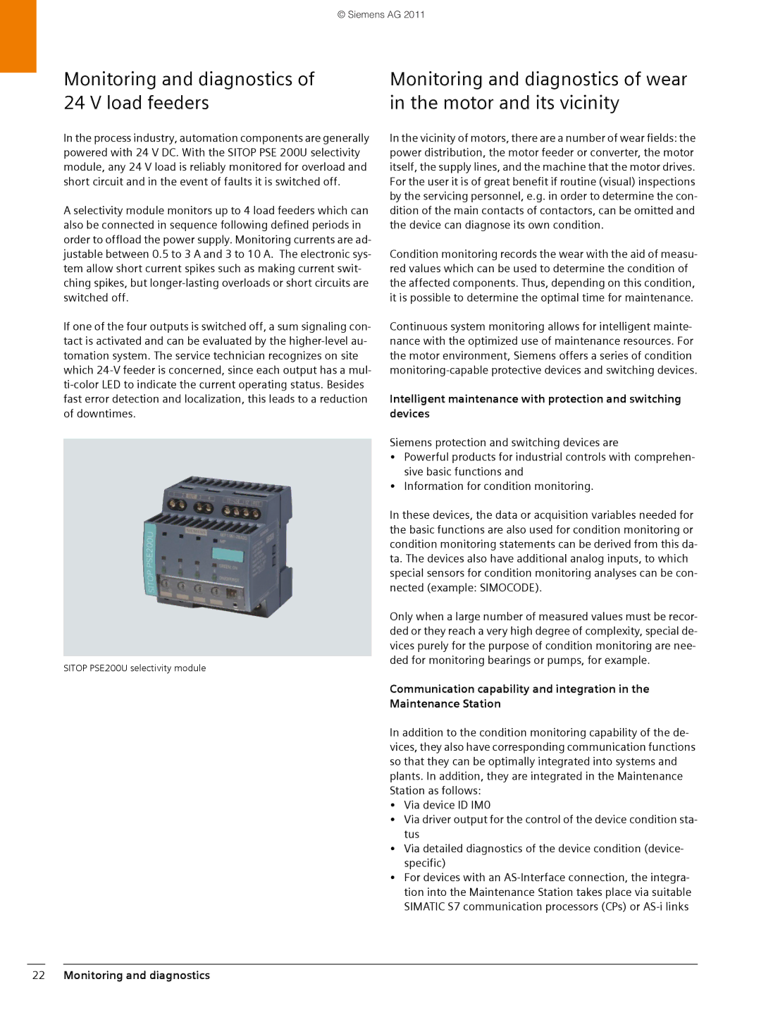 Siemens SIMATIC PCS 7 brochure Monitoring and diagnostics of 24 V load feeders 