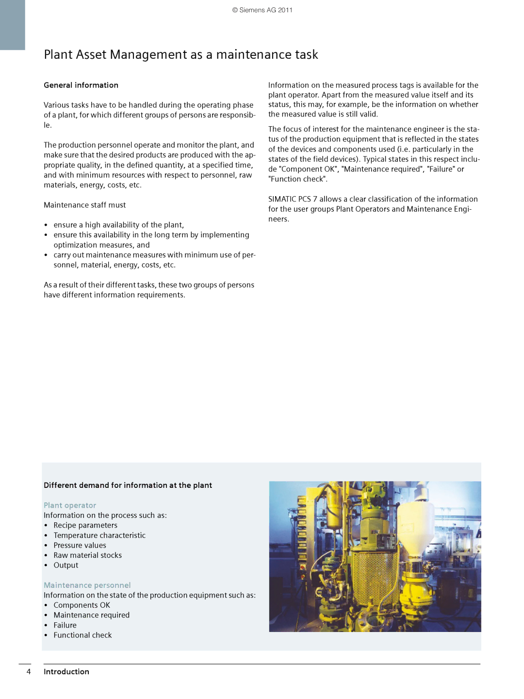 Siemens SIMATIC PCS 7 brochure Plant Asset Management as a maintenance task, General information, Plant operator 