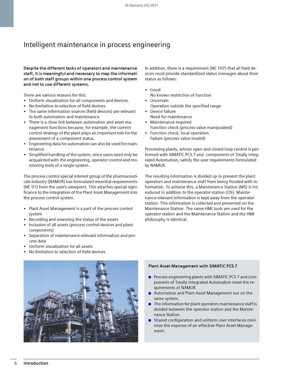 Siemens SIMATIC PCS 7 brochure Intelligent maintenance in process engineering, Plant Asset Management with Simatic PCS 