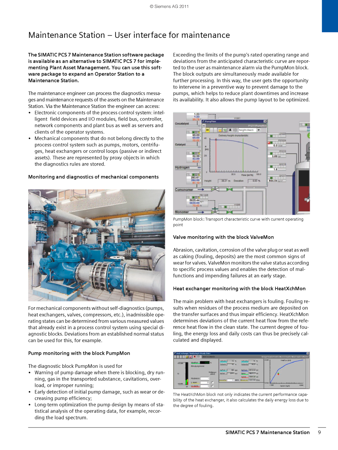 Siemens SIMATIC PCS 7 brochure Maintenance Station User interface for maintenance, Pump monitoring with the block PumpMon 