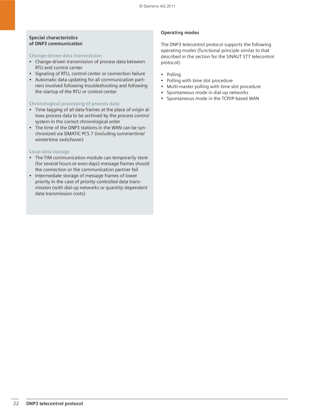 Siemens SIMATICS PCS7 brochure Special characteristics of DNP3 communication, 22 DNP3 telecontrol protocol 