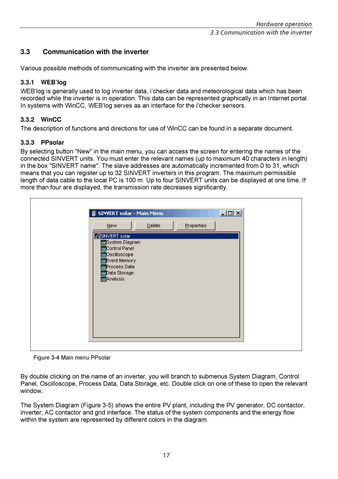 Siemens SINVERT 350 manual Communication with the inverter, 1 WEB’log, WinCC, PPsolar 