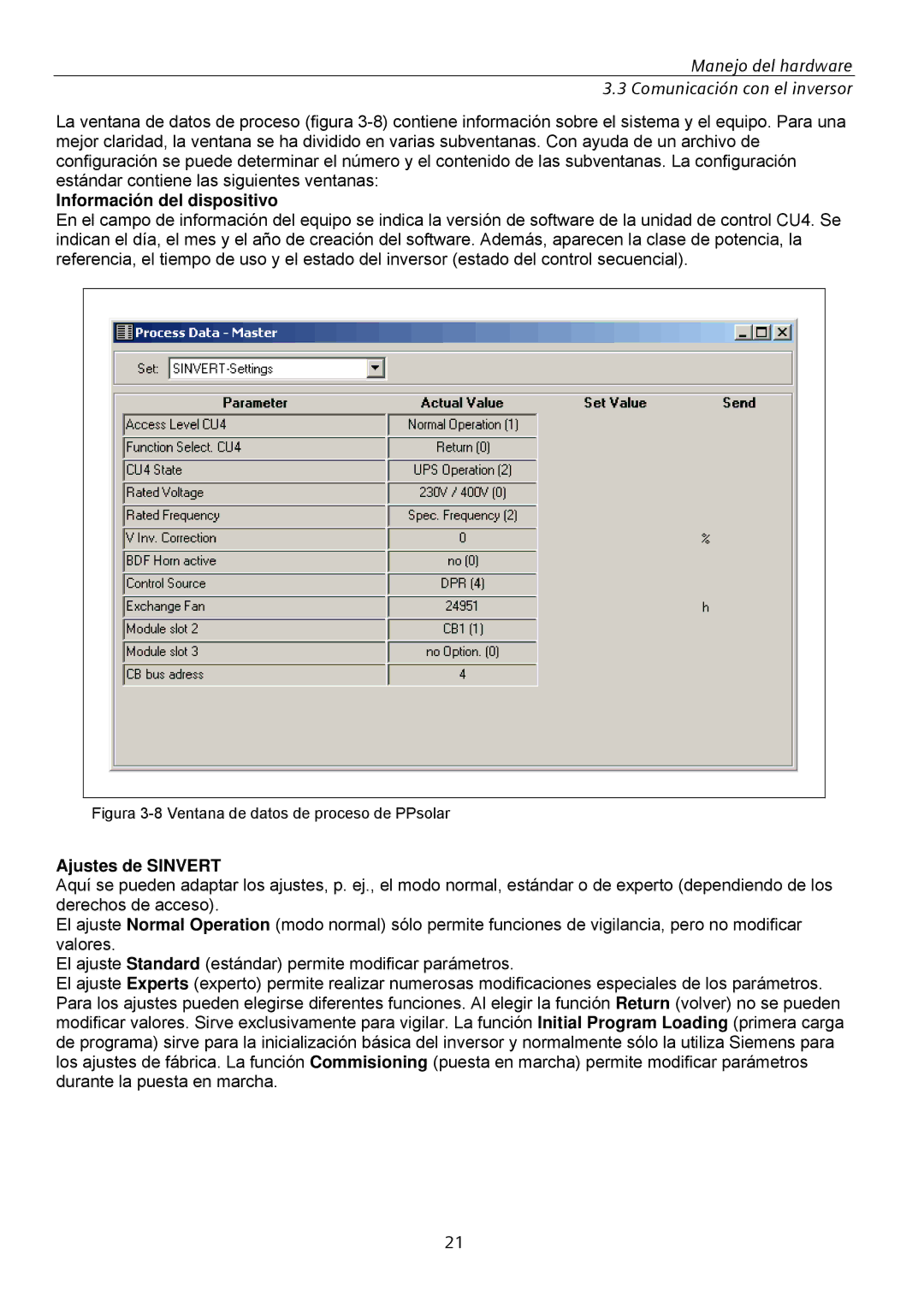 Siemens SINVERT 350 manual Información del dispositivo, Ajustes de Sinvert 