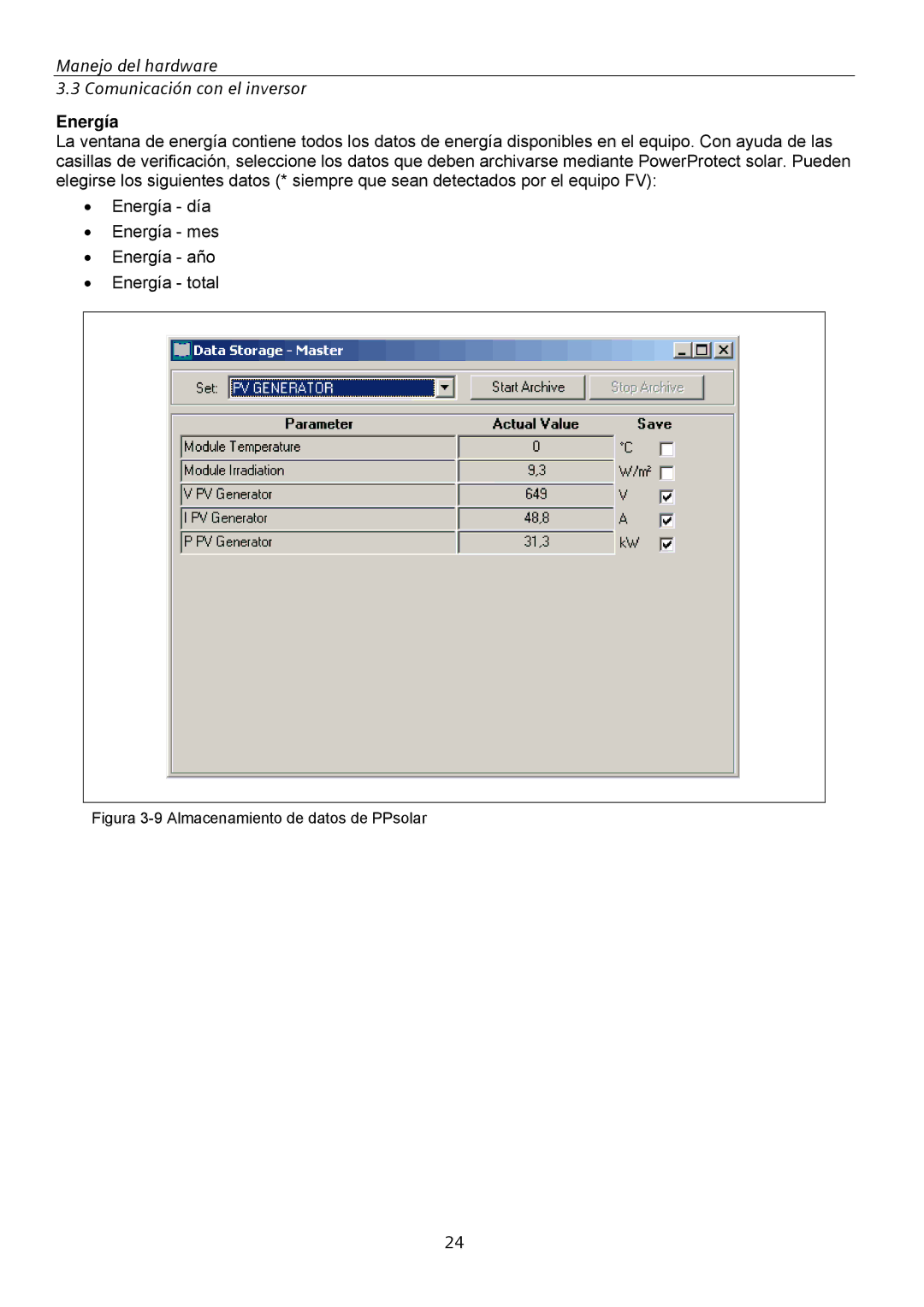 Siemens SINVERT 350 manual Energía, Figura 3-9 Almacenamiento de datos de PPsolar 