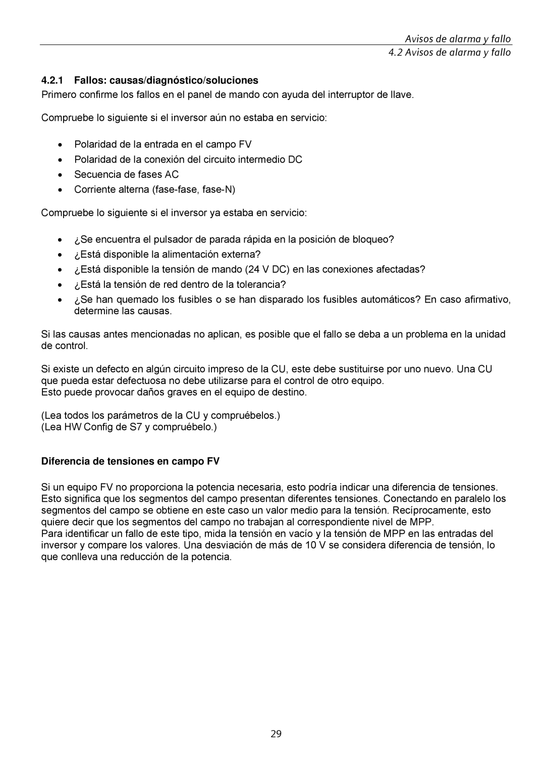 Siemens SINVERT 350 manual Fallos causas/diagnóstico/soluciones, Diferencia de tensiones en campo FV 