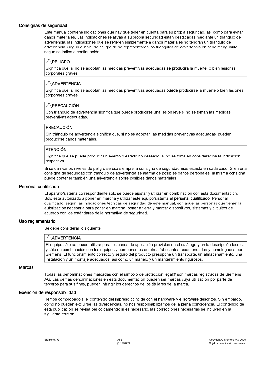 Siemens SINVERT 350 Consignas de seguridad, Personal cualificado, Uso reglamentario, Marcas, Exención de responsabilidad 