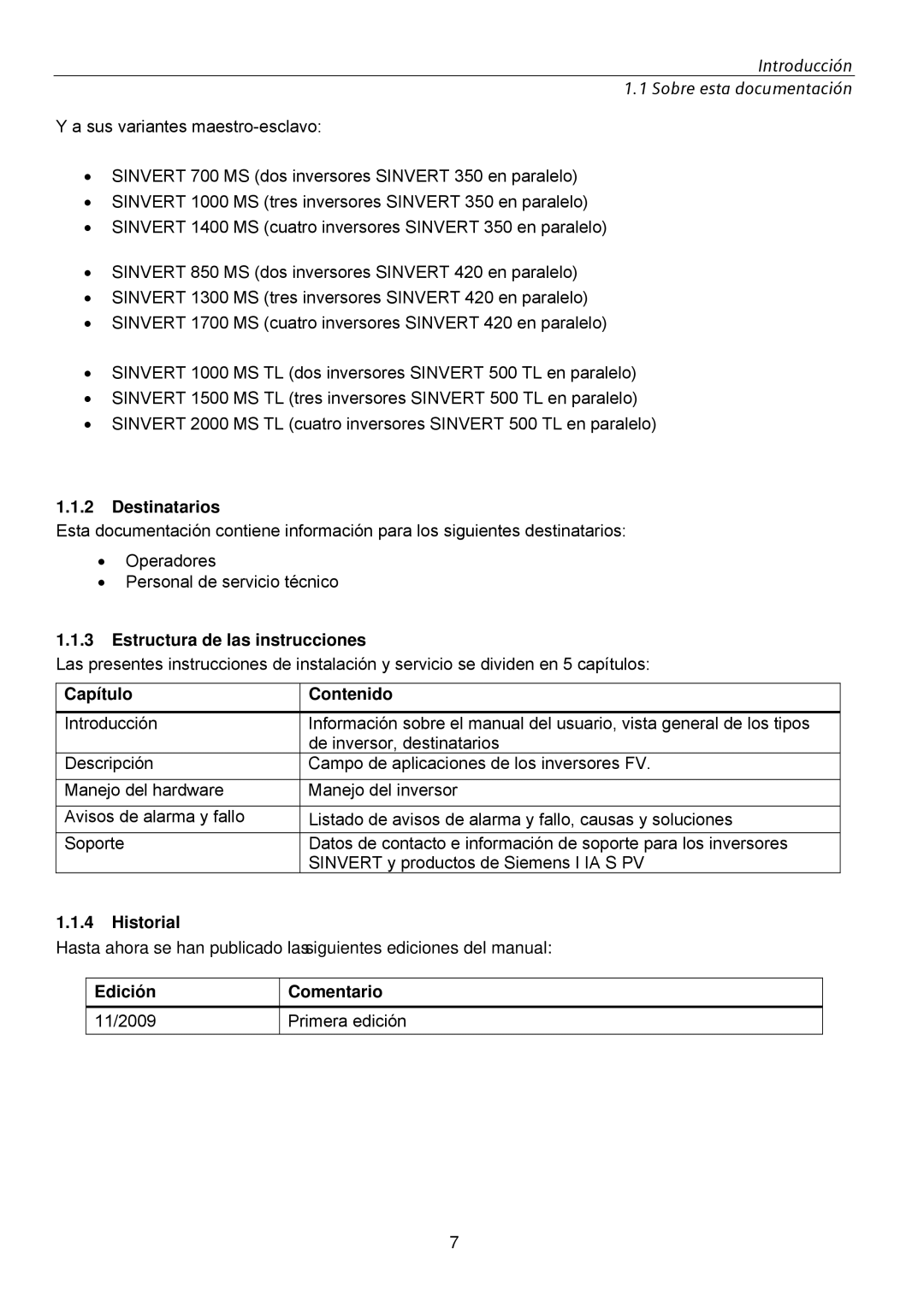 Siemens SINVERT 350 Destinatarios, Estructura de las instrucciones, Capítulo Contenido, Historial, Edición Comentario 