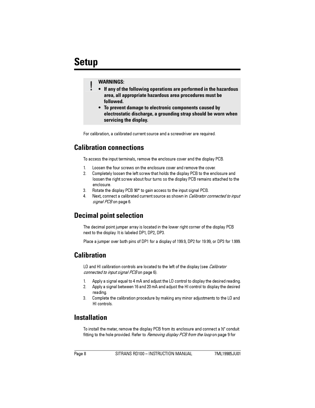 Siemens SITRANS RD100 operating instructions Setup, Calibration connections, Decimal point selection, Installation 