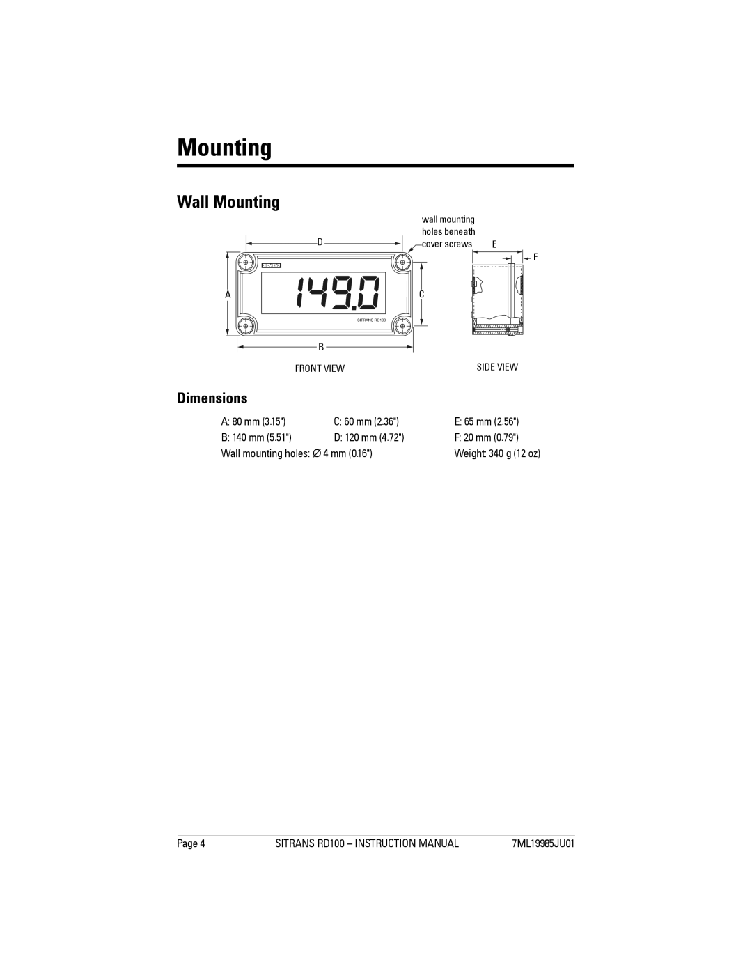 Siemens SITRANS RD100 operating instructions Wall Mounting, Dimensions 